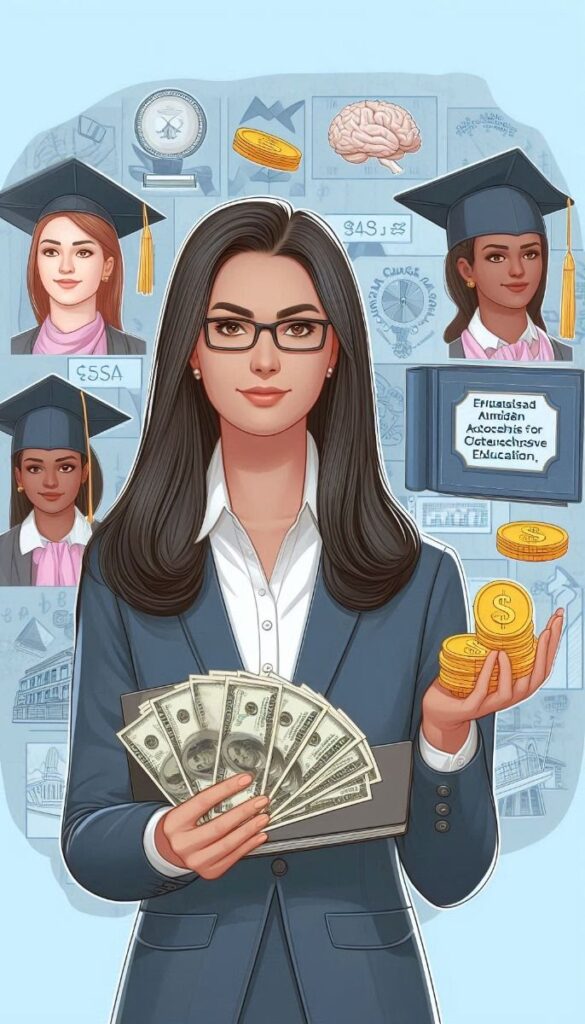 Financial Aid and Scholarships for Executive Education Businesswoman holding money and coins, symbolizing investment in education with graduates in the background. Empowerment and success theme. | Sky Rye Design Businesswoman holding money and coins, symbolizing investment in education with graduates in the background. Empowerment and success theme.