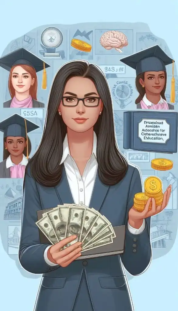 Businesswoman holding money and coins, symbolizing investment in education with graduates in the background. Empowerment and success theme.