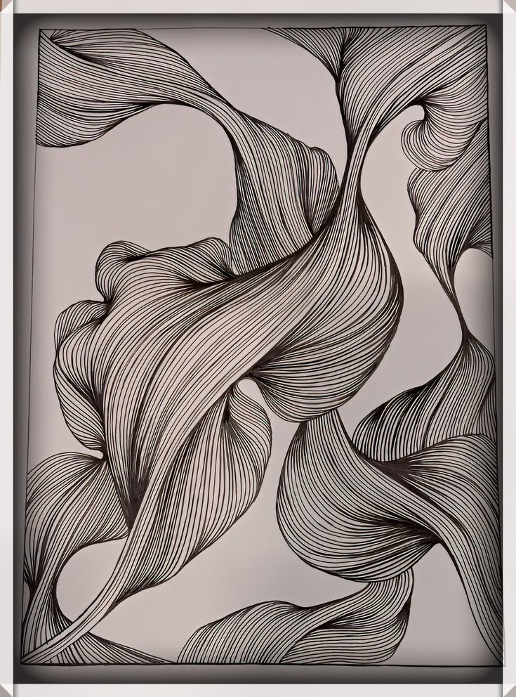 Abstract line art with flowing, intertwined curves on a neutral background. Black ink creates dynamic movement and rhythm.