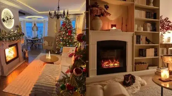 Fireplace-Decor-Ideas-to-Transform-Living-Space-This-Winter Cozy living room with a decorated Christmas tree, lit fireplace, and warm lighting, creating a festive and inviting atmosphere. | Sky Rye Design Cozy living room with a decorated Christmas tree, lit fireplace, and warm lighting, creating a festive and inviting atmosphere.