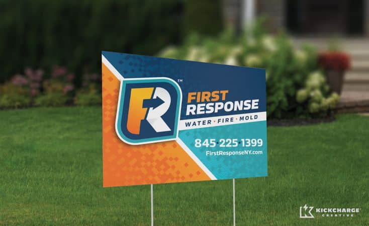 Sign on lawn for First Response offering water, fire, mold restoration. Contact: 845-225-1399. Website: FirstResponseNY.com.