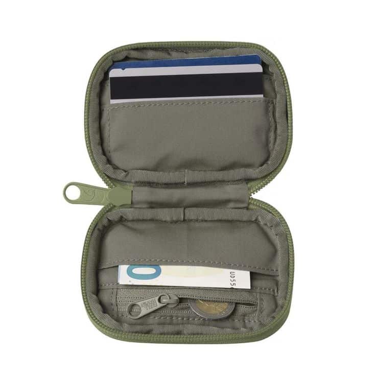 Green zippered wallet open to reveal cards, cash, and coins, showcasing practical and organized storage for everyday essentials.