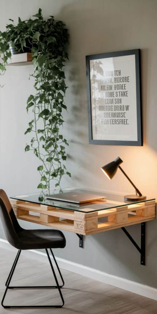 Floating Pallet Desk with a Sleek Modern Look Floating pallet desk with laptop, framed quote, and lamp. Indoor vine plant on shelf enhances the modern home office decor. | Sky Rye Design Floating pallet desk with laptop, framed quote, and lamp. Indoor vine plant on shelf enhances the modern home office decor.