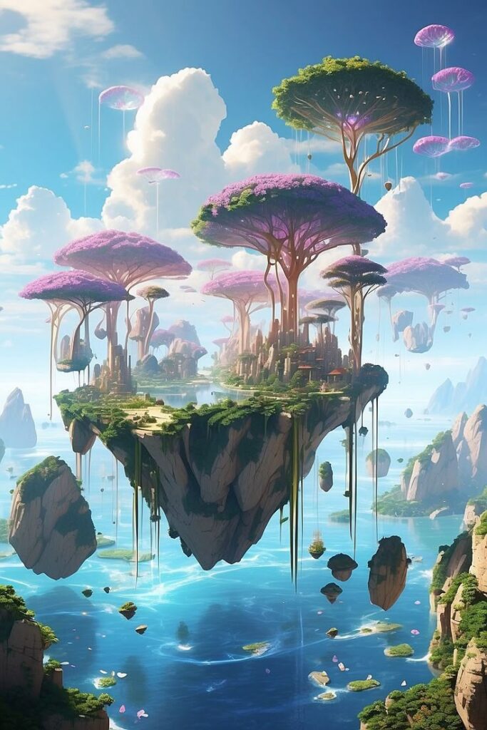 Floating World with Islands Floating islands with lush greenery and pink trees hover over a serene ocean under a bright blue sky. Fantasy landscape concept. | Sky Rye Design Floating islands with lush greenery and pink trees hover over a serene ocean under a bright blue sky. Fantasy landscape concept.