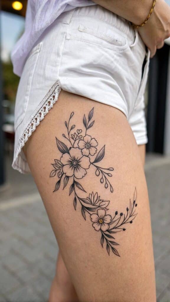 Floral Wrap-Around Thigh Tattoo Floral thigh tattoo in black ink, showcasing detailed blossoms and leaves on a person wearing white shorts. Stylish and elegant body art. | Sky Rye Design Floral thigh tattoo in black ink, showcasing detailed blossoms and leaves on a person wearing white shorts. Stylish and elegant body art.