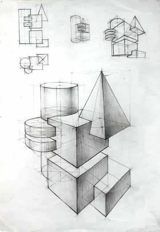 Flower Drawing Inspiration Geometric shapes sketch with cubes, cylinders, and pyramids in 3D perspective. Architectural and drawing practice concept. | Sky Rye Design Geometric shapes sketch with cubes, cylinders, and pyramids in 3D perspective. Architectural and drawing practice concept.