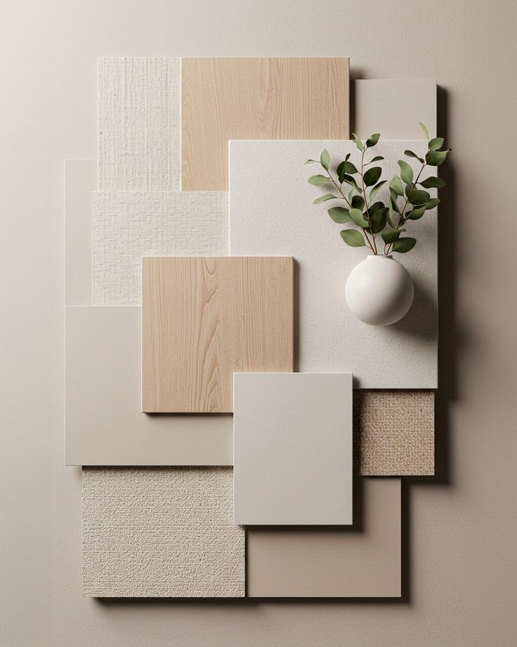 Formas texturas e harmonia natural Ink___ qualidade elegância funcionalidade moveisplanejado Abstract minimalist wall art with beige and wood textures, featuring a white vase and green leaves for a modern, natural decor. | Sky Rye Design Abstract minimalist wall art with beige and wood textures, featuring a white vase and green leaves for a modern, natural decor.