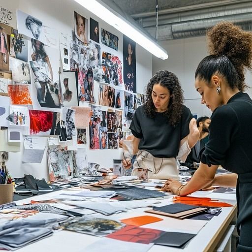 Designers collaborate in a fashion studio, surrounded by sketches and fabric samples, planning a new clothing line.