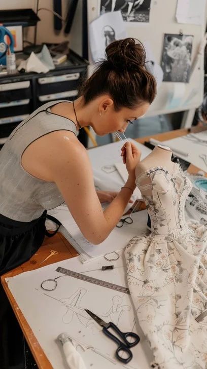 Free Vintage Mannequin Display Photo - Mannequin Vintage Sewing _ Download at StockCake Fashion designer works on a floral dress pattern in a studio, surrounded by sketches, rulers, and sewing tools. | Sky Rye Design Fashion designer works on a floral dress pattern in a studio, surrounded by sketches, rulers, and sewing tools.