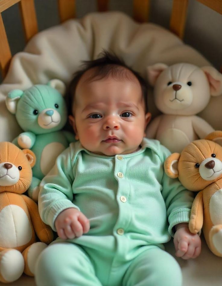 Free text-to-image generator _ Freepik AI Adorable baby in mint-green onesie surrounded by soft teddy bears in a crib, bringing cozy vibes to a nursery setting. | Sky Rye Design Adorable baby in mint-green onesie surrounded by soft teddy bears in a crib, bringing cozy vibes to a nursery setting.