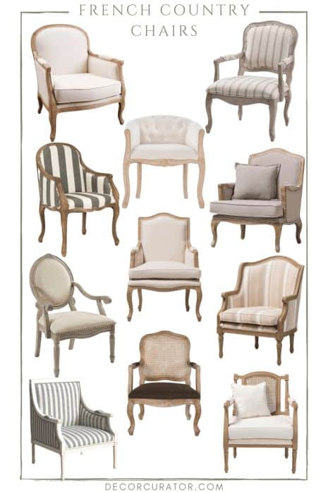 French Country Chairs - Decor Curator Collection of elegant French country chairs with various designs and upholstery, showcasing classic rustic style and charm. | Sky Rye Design Collection of elegant French country chairs with various designs and upholstery, showcasing classic rustic style and charm.