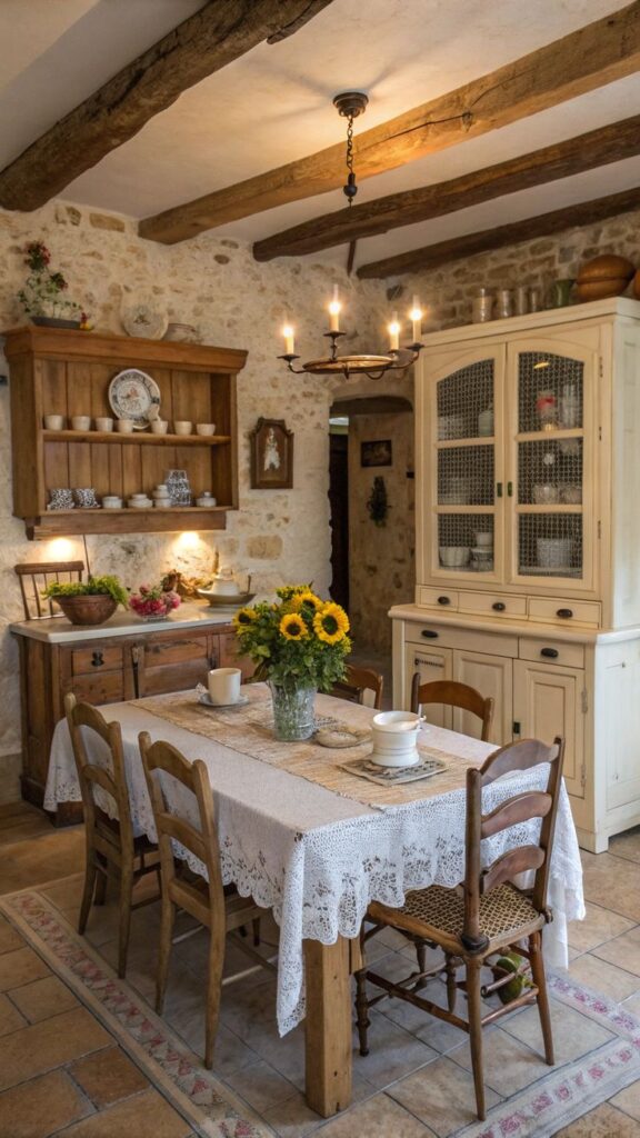 French Country Cottage Kitchen_ Charming Traditional Decoration - Ceramific Cozy rustic dining room with wooden furniture, lace tablecloth, sunflowers centerpiece, stone walls, and a chandelier for vintage charm. | Sky Rye Design Cozy rustic dining room with wooden furniture, lace tablecloth, sunflowers centerpiece, stone walls, and a chandelier for vintage charm.