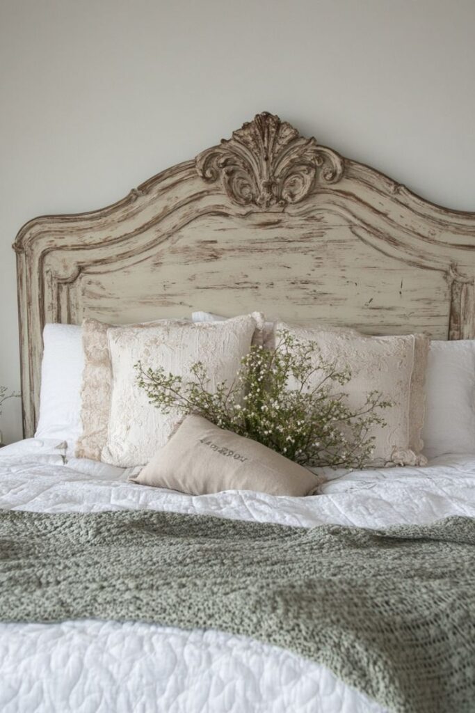 French Country Farmhouse Bedroom Headboards Vintage-style bedroom with ornate distressed wood headboard, cozy pillows, textured blanket, and white bedding for a rustic chic look. | Sky Rye Design Vintage-style bedroom with ornate distressed wood headboard, cozy pillows, textured blanket, and white bedding for a rustic chic look.