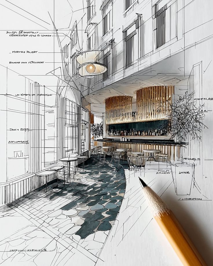 From Line to Life_ The Anatomy of a Hotel _ Architectural sketch of a modern bar interior with seating, featuring a detailed pencil drawing merged with realistic design elements. | Sky Rye Design Architectural sketch of a modern bar interior with seating, featuring a detailed pencil drawing merged with realistic design elements.