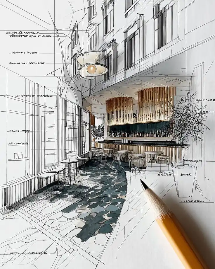 Architectural sketch of a modern bar interior with seating, featuring a detailed pencil drawing merged with realistic design elements.