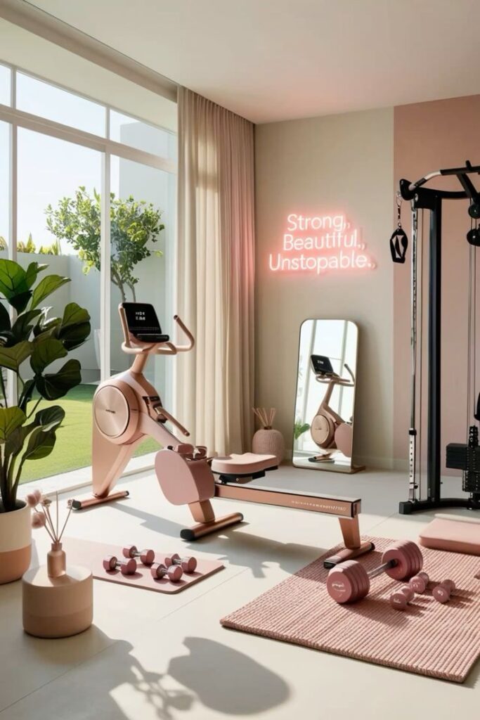 From Yoga to Strength Training_ The Best Gear for Women 🧘_♀️🏋️_♀️ Chic home gym with exercise bike, weights, and equipment in a pastel-themed room, featuring a motivational neon sign on the wall. | Sky Rye Design Chic home gym with exercise bike, weights, and equipment in a pastel-themed room, featuring a motivational neon sign on the wall.