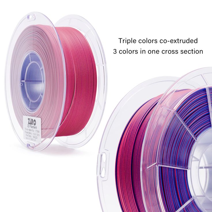 Frosted Berry Tri-Colour Matte PLA 3D printer filament reels displaying triple co-extrusion with vibrant colors, showcasing three colors in one cross-section. | Sky Rye Design 3D printer filament reels displaying triple co-extrusion with vibrant colors, showcasing three colors in one cross-section.