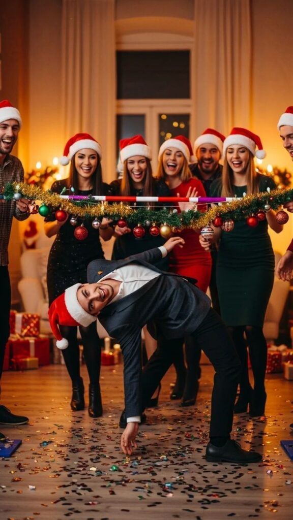 Group of people in Santa hats playing a holiday limbo game at a festive party, with gifts and decorations in the background.