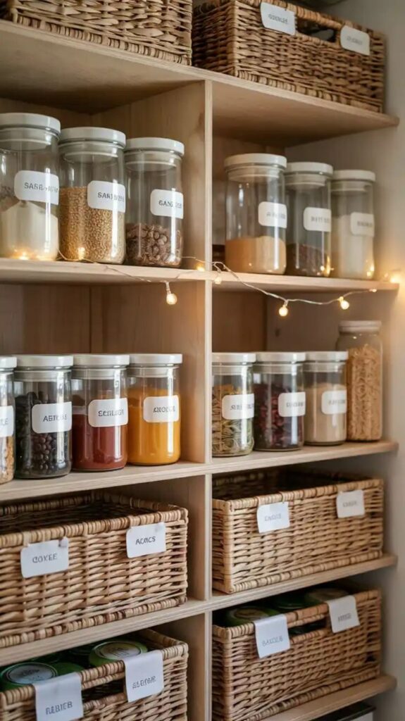Functional Closet Pantry Ideas 2026 Organized pantry shelves with labeled glass jars and wicker baskets, neatly arranged with decorative string lights. | Sky Rye Design Organized pantry shelves with labeled glass jars and wicker baskets, neatly arranged with decorative string lights.