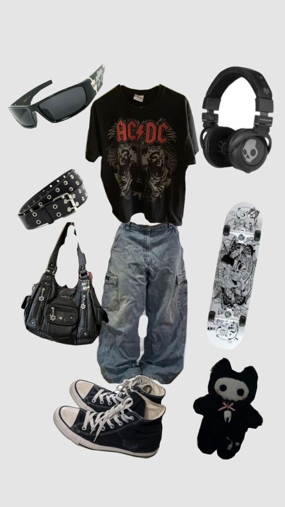 Grunge outfit and accessories: AC/DC t-shirt, baggy jeans, Converse sneakers, skull sunglasses, belt, headphones, skateboard, goth plush.