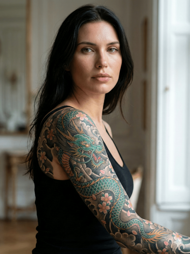 Gemini_Generated_Image_660ahe660ahe660a Woman with long dark hair and a vibrant dragon and cherry blossom sleeve tattoo, wearing a black tank top. | Sky Rye Design Woman with long dark hair and a vibrant dragon and cherry blossom sleeve tattoo, wearing a black tank top.