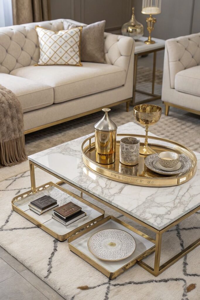 Glamorous Marble Accents for Living Room Decor Luxurious living room with marble-gold coffee table, elegant decor, plush beige sofas, and chic patterned pillows for a stylish ambiance. | Sky Rye Design Luxurious living room with marble-gold coffee table, elegant decor, plush beige sofas, and chic patterned pillows for a stylish ambiance.