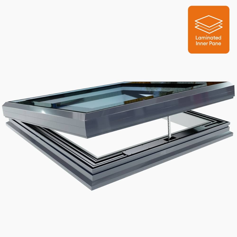 Glass-Skylight-Electrically-Operated-Stargaze-Rooflights Laminated glass window with open mechanism, highlighting durability and safety. Icon shows laminated inner pane for enhanced strength. | Sky Rye Design Laminated glass window with open mechanism, highlighting durability and safety. Icon shows laminated inner pane for enhanced strength.