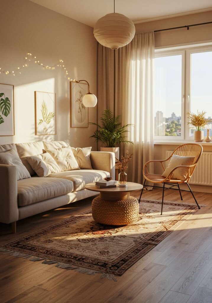 Golden Hour Apartment Vibes Warm Aesthetic Living Room Ideas Cozy living room with beige sofa, wooden floor, large window, potted plants, and warm sunlight, creating a serene, inviting atmosphere. | Sky Rye Design Cozy living room with beige sofa, wooden floor, large window, potted plants, and warm sunlight, creating a serene, inviting atmosphere.