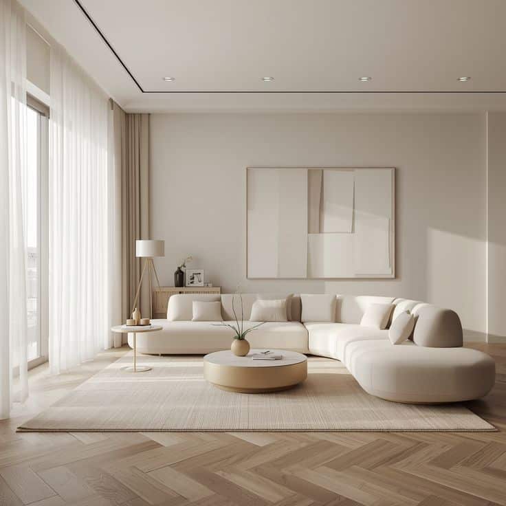 Golden Serenity Living Room _ Modern Elegance Calm Luxury ✨ Modern living room with minimalist beige decor, large sectional sofa, abstract art, and natural light from a floor-to-ceiling window. | Sky Rye Design Modern living room with minimalist beige decor, large sectional sofa, abstract art, and natural light from a floor-to-ceiling window.