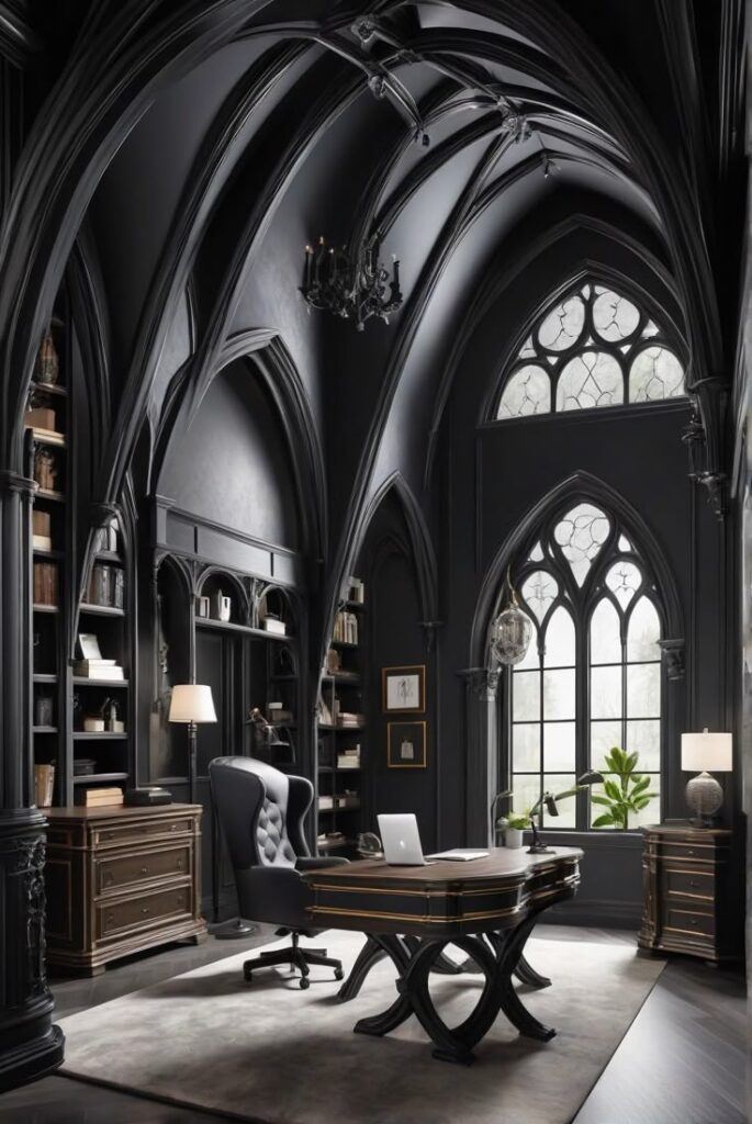 Gothic Arch 2047-10_ Midnight Archways - Top Paint 2024 for Elegant Drama Gothic-style home office with vaulted ceilings, arched windows, dark furnishings, and a modern desk setup. Elegant and dramatic ambiance. | Sky Rye Design Gothic-style home office with vaulted ceilings, arched windows, dark furnishings, and a modern desk setup. Elegant and dramatic ambiance.