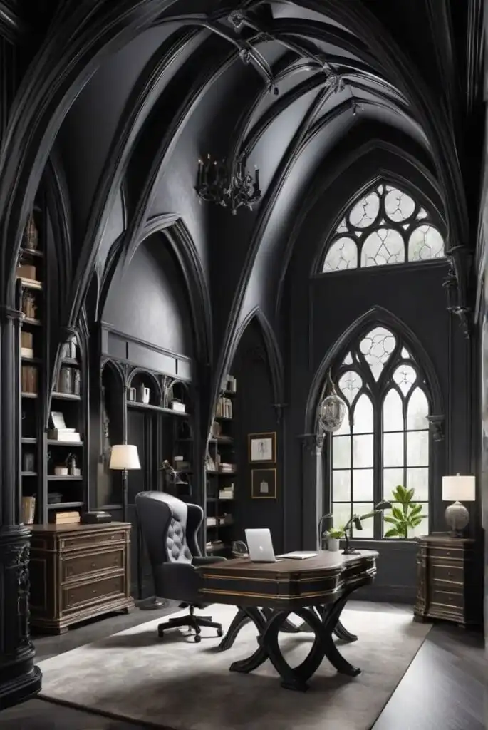 Gothic-style home office with vaulted ceilings, arched windows, dark furnishings, and a modern desk setup. Elegant and dramatic ambiance.