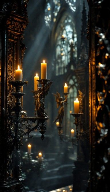 Gothic Candlelight Mystery 🖤 Gothic-style church interior with ornate candleholders and glowing candles, creating a mystical, serene atmosphere with soft light and shadows. | Sky Rye Design Gothic-style church interior with ornate candleholders and glowing candles, creating a mystical, serene atmosphere with soft light and shadows.