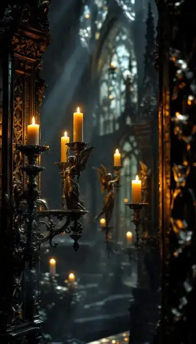 Gothic-style church interior with ornate candleholders and glowing candles, creating a mystical, serene atmosphere with soft light and shadows.