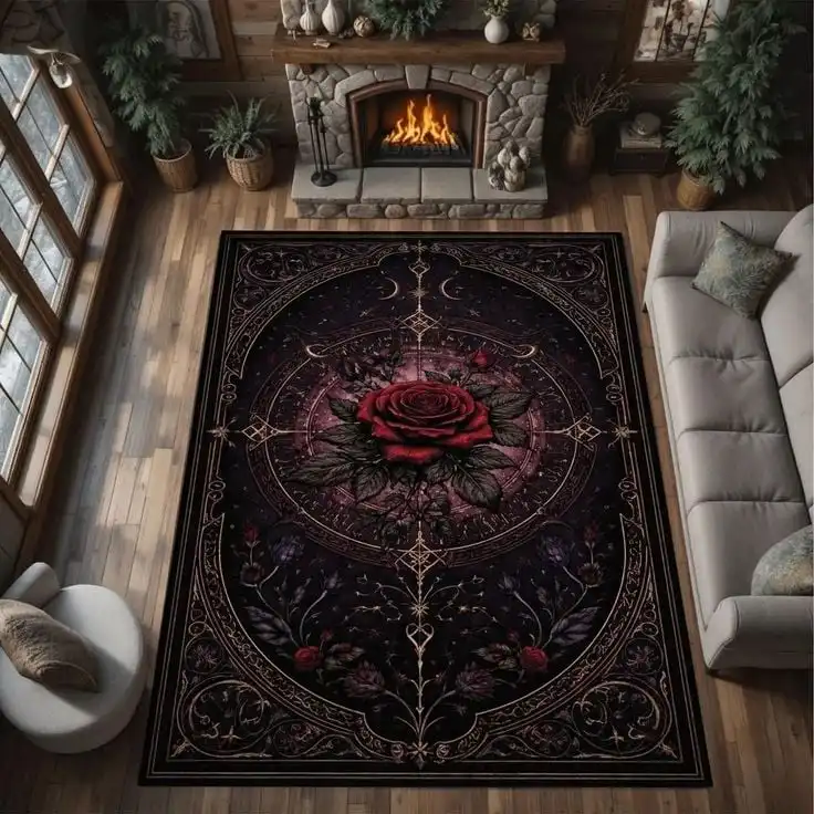 Elegant living room with a dark floral rug featuring a central red rose design, set in front of a cozy stone fireplace.