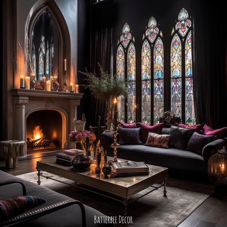 Gothic Stained Glass Living Room Luxurious living room with gothic windows, candles, and a cozy fireplace creating an inviting, elegant ambiance. | Sky Rye Design Luxurious living room with gothic windows, candles, and a cozy fireplace creating an inviting, elegant ambiance.