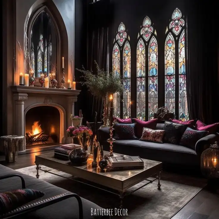 Luxurious living room with gothic windows, candles, and a cozy fireplace creating an inviting, elegant ambiance.
