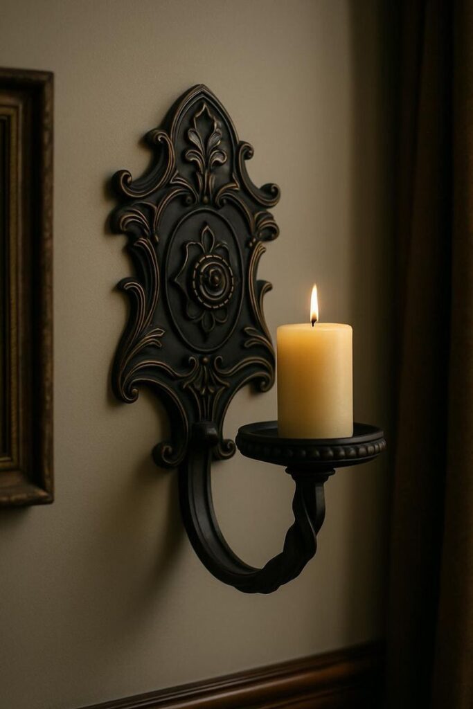 Gothic Wall Candle Holder - Vintage-Style Home Decor 3D Printed STL files Elegant wall-mounted candle holder with ornate black design and a lit candle, adding a classic touch to the room decor. | Sky Rye Design Elegant wall-mounted candle holder with ornate black design and a lit candle, adding a classic touch to the room decor.