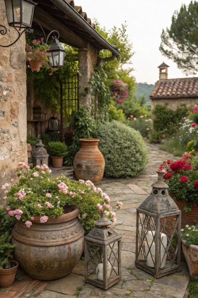 Gradina Rustic garden with stone path, terracotta pots, vibrant flowers, and lanterns, creating a charming vintage outdoor setting. | Sky Rye Design Rustic garden with stone path, terracotta pots, vibrant flowers, and lanterns, creating a charming vintage outdoor setting.