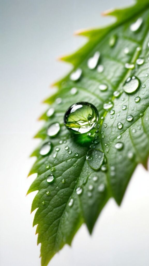 Green leaf of a plant with dew drops macro photography Close-up of water droplets on a green leaf, highlighting nature's freshness and tranquility. Ideal for eco-friendly or organic themes. | Sky Rye Design Close-up of water droplets on a green leaf, highlighting nature's freshness and tranquility. Ideal for eco-friendly or organic themes.
