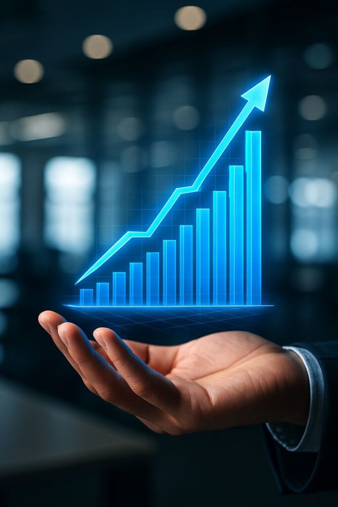 Growth Hand holding a glowing 3D graph with an upward trend, symbolizing business growth and success against a modern office background. | Sky Rye Design Hand holding a glowing 3D graph with an upward trend, symbolizing business growth and success against a modern office background.