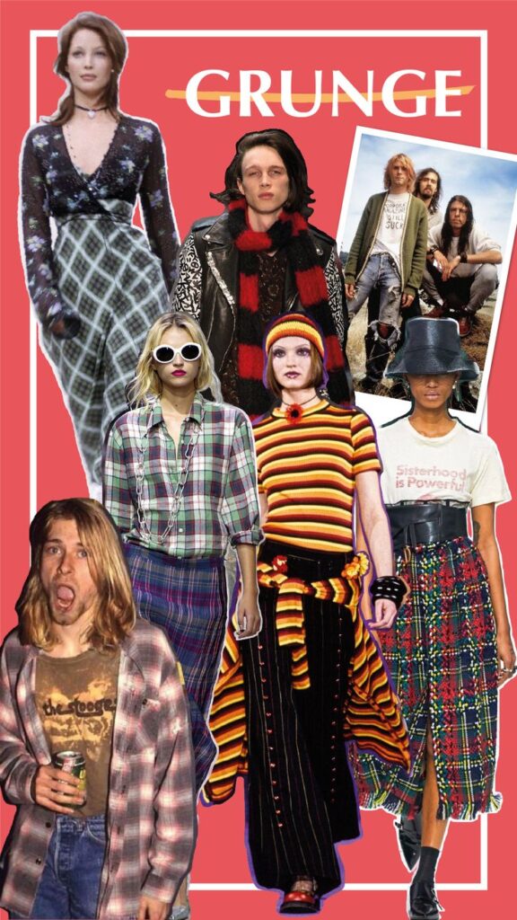 Collage of people in iconic grunge fashion with plaid, stripes, and edgy styles against a red backdrop labeled Grunge.
