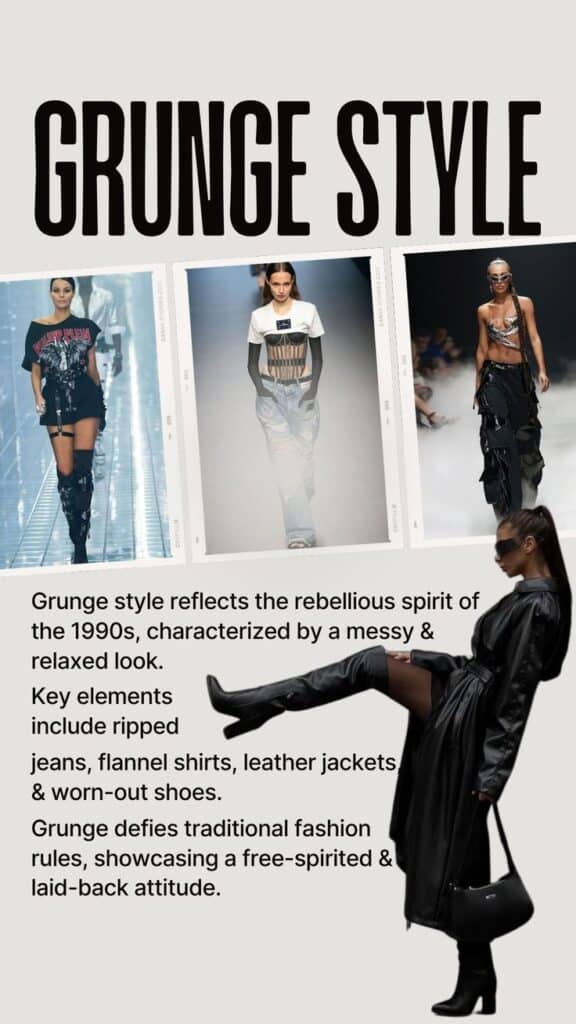 Grunge fashion collage with models in 1990s-inspired outfits, featuring leather, ripped jeans, and laid-back, rebellious styles.