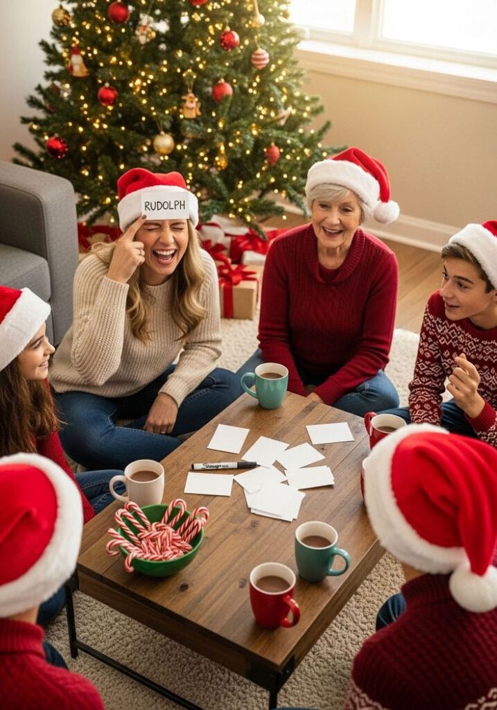 Family playing Christmas guessing game by the tree, wearing Santa hats, laughing, and enjoying hot cocoa and candy canes.