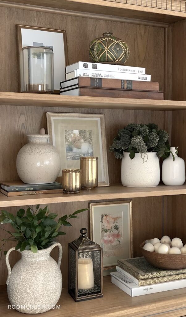 Guest room makeover shelf decoratons Stylish wooden shelf with decorative books, plants, framed art, and candles, creating an elegant and cozy home decor display. | Sky Rye Design Stylish wooden shelf with decorative books, plants, framed art, and candles, creating an elegant and cozy home decor display. How to Decorate a Shelf