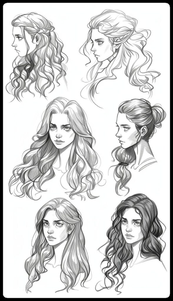 Hairstyle Drawing Ideas to Make Your Sketchbook Shine 17 Hand-drawn sketches of a woman with various hairstyles, featuring long, curly, and elegant hairdos in side and front views. | Sky Rye Design Hand-drawn sketches of a woman with various hairstyles, featuring long, curly, and elegant hairdos in side and front views.