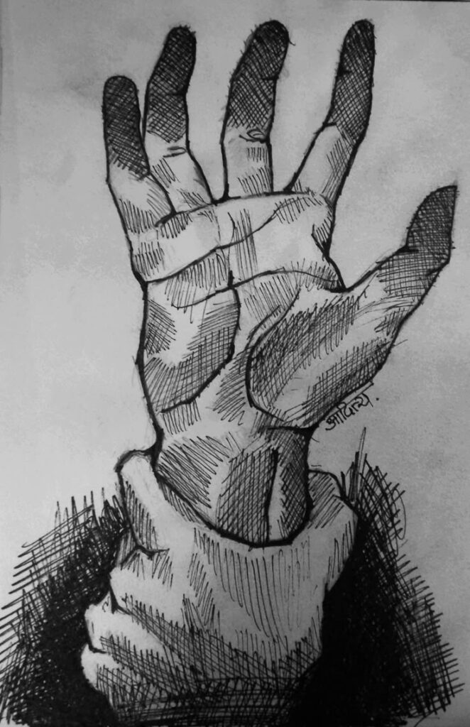 Black and white sketch of an open hand with detailed shading, conveying expression and texture against a plain background.