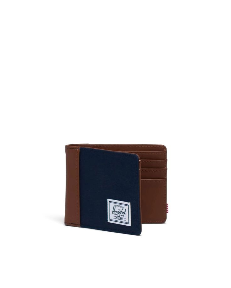 Brown and navy bi-fold wallet with multiple card slots, featuring a modern, sleek design perfect for everyday use and style.