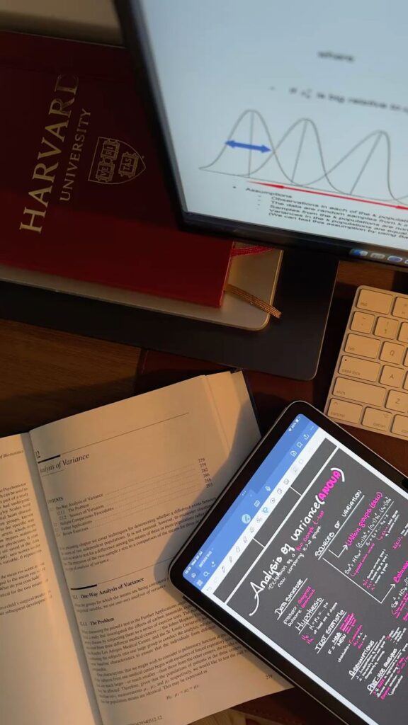 Harvard grad school Open books and tablet displaying notes on analysis of variance, study setup with keyboard, Harvard University folder in background. | Sky Rye Design Open books and tablet displaying notes on analysis of variance, study setup with keyboard, Harvard University folder in background.