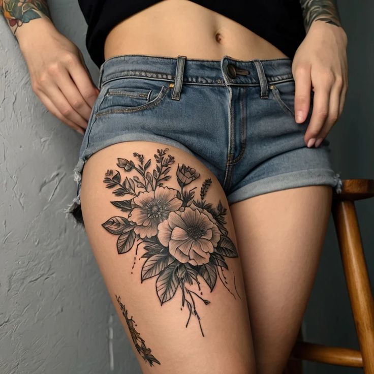 Henna Tattoo_ Meaning Safety And Breathtaking Ideas For Your Next Piece Floral tattoo design on thigh with detailed black ink blossoms, worn with denim shorts, showcasing intricate body art. | Sky Rye Design Floral tattoo design on thigh with detailed black ink blossoms, worn with denim shorts, showcasing intricate body art.