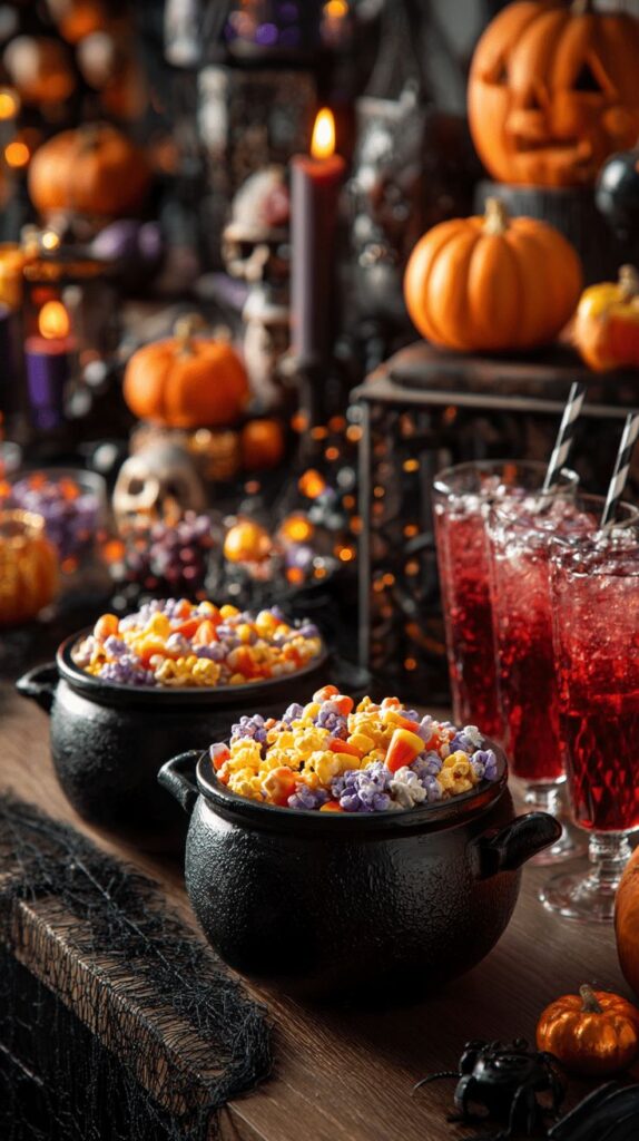 Hocus Pocus Halloween Popcorn_ Sweet Spooky and Fun - Taste to Rate Halloween-themed table with popcorn cauldrons, pumpkins, skull decor, and glowing candles. Perfect spooky party setup with festive treats. | Sky Rye Design Halloween-themed table with popcorn cauldrons, pumpkins, skull decor, and glowing candles. Perfect spooky party setup with festive treats.